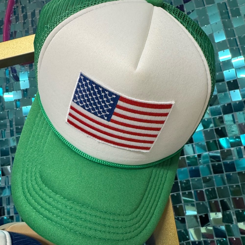 Green and White Trucker Hat with American Flag